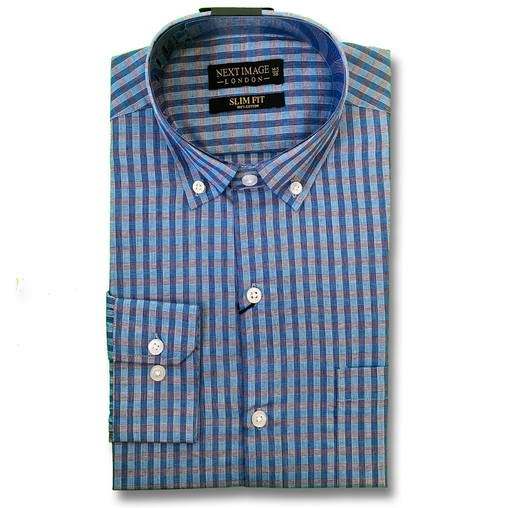 Blue and Grey Check Slim Fit Shirt