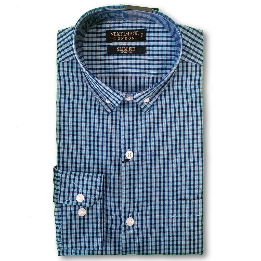 Blue Check Next Image Slim Fit Shirt