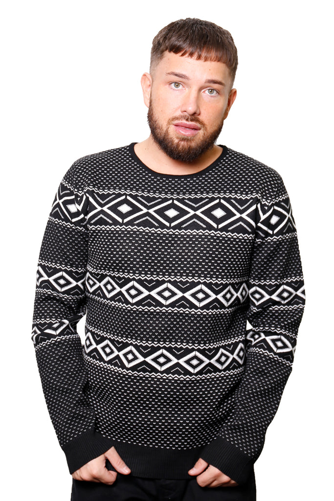 Black Patterned/Striped Crew Neck Jumper